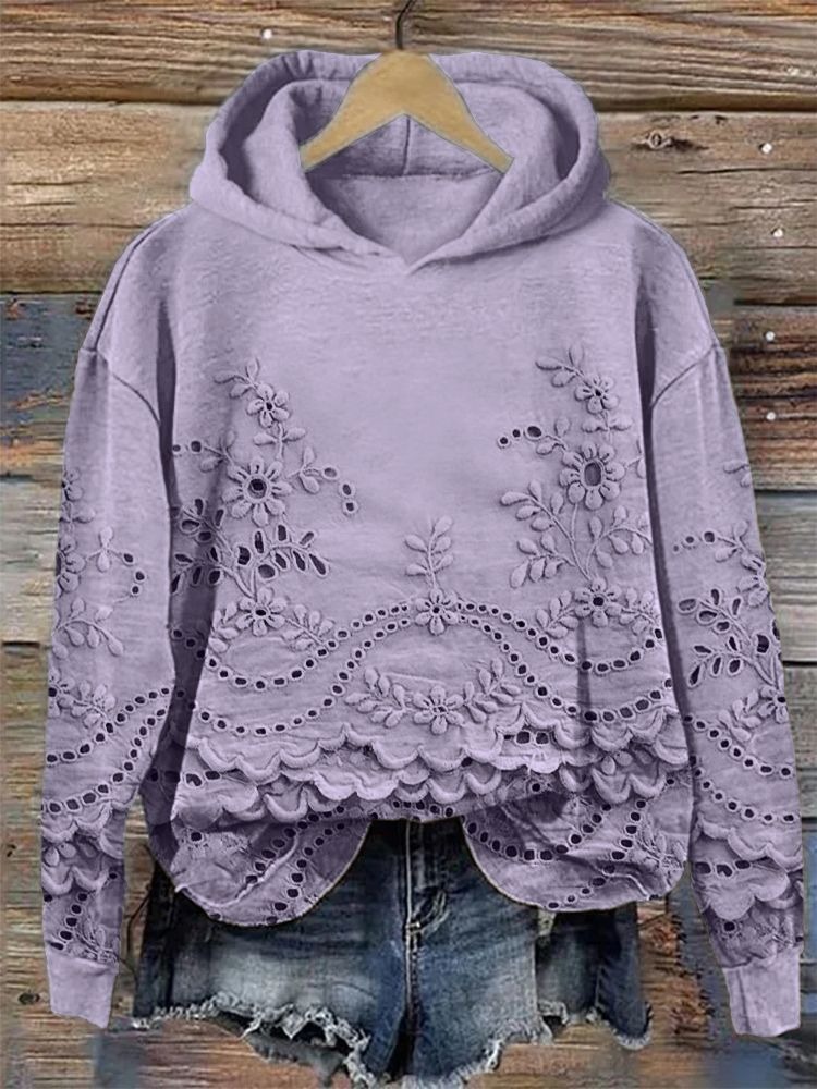 Women's Floral Print Hooded Sweatshirt Solid Color Pullover