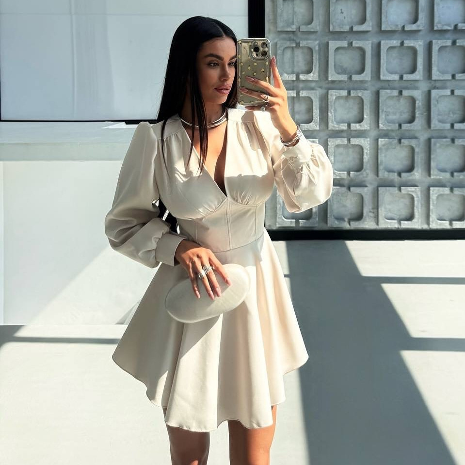 Women's V-Neck Puff Sleeve High Waist A-Line Dress