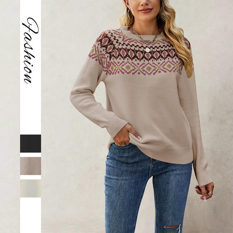 Women's Jacquard Knit Sweater Retro Crewneck Pullover