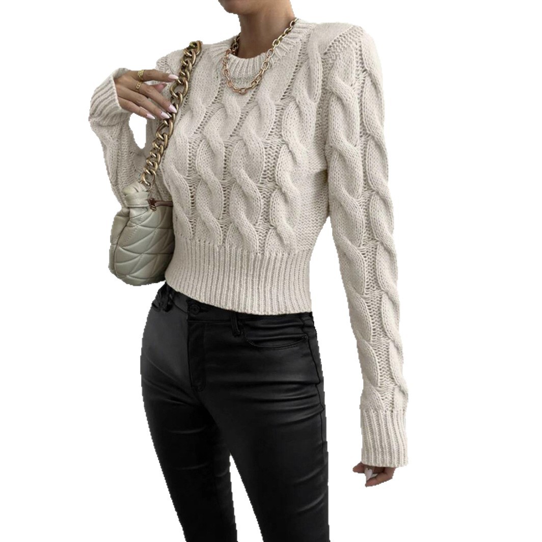 Women's Cable Knit Crewneck Pullover Sweater Solid Color