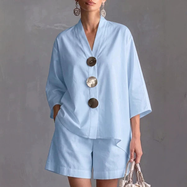 Women's Solid Color 3/4 Sleeve Loose Top High Waist Wide Leg Shorts Set