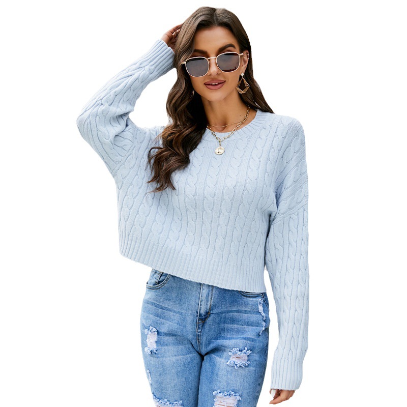 Cable-Knit Cropped Crewneck Sweater Loose Solid Pullover