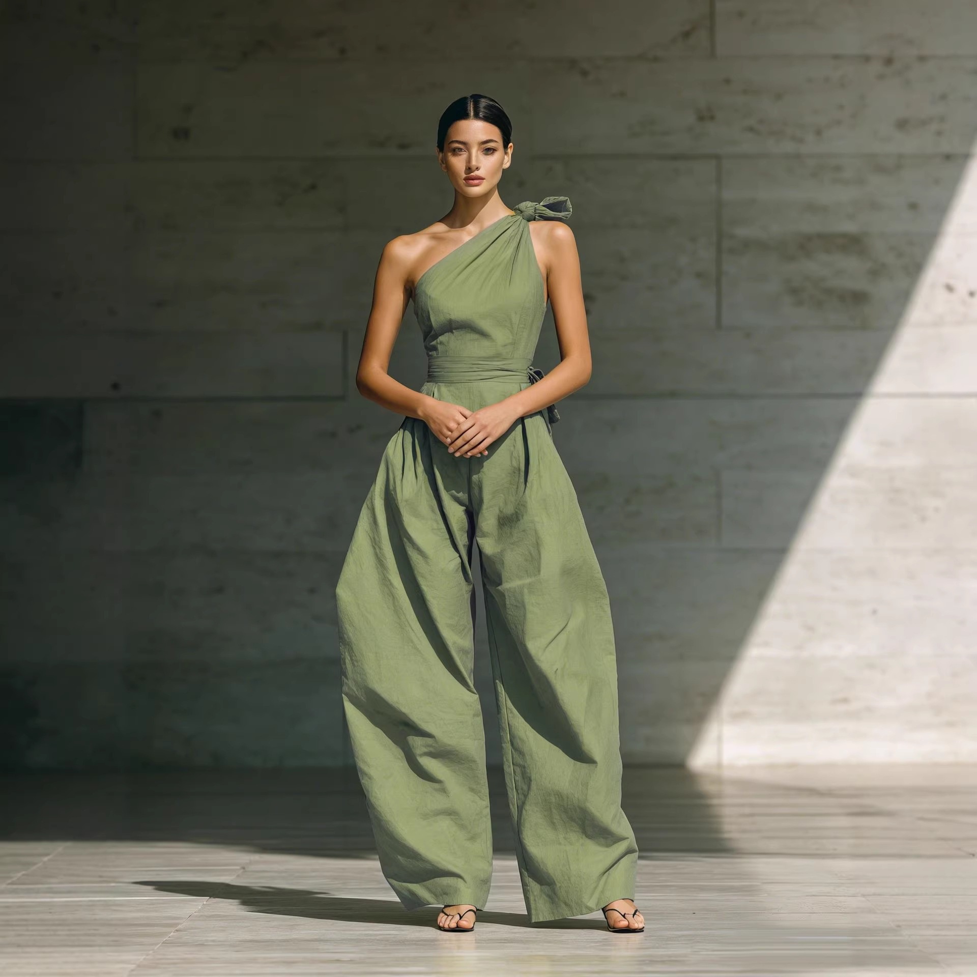 Women's Summer Sleeveless One-Shoulder Wide-Leg Jumpsuit