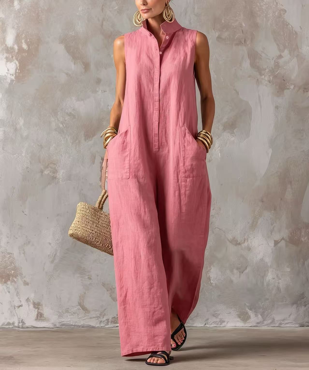 Women's Linen-Blend Sleeveless Button-Front Jumpsuit with Stand Collar