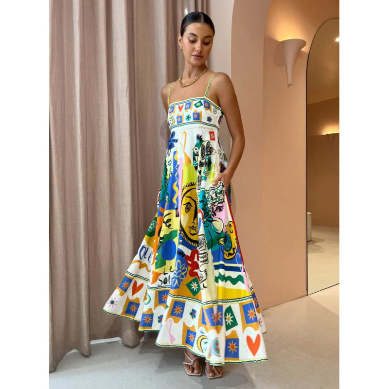 Women's Sleeveless Printed Linen Maxi Dress with Flowy Skirt