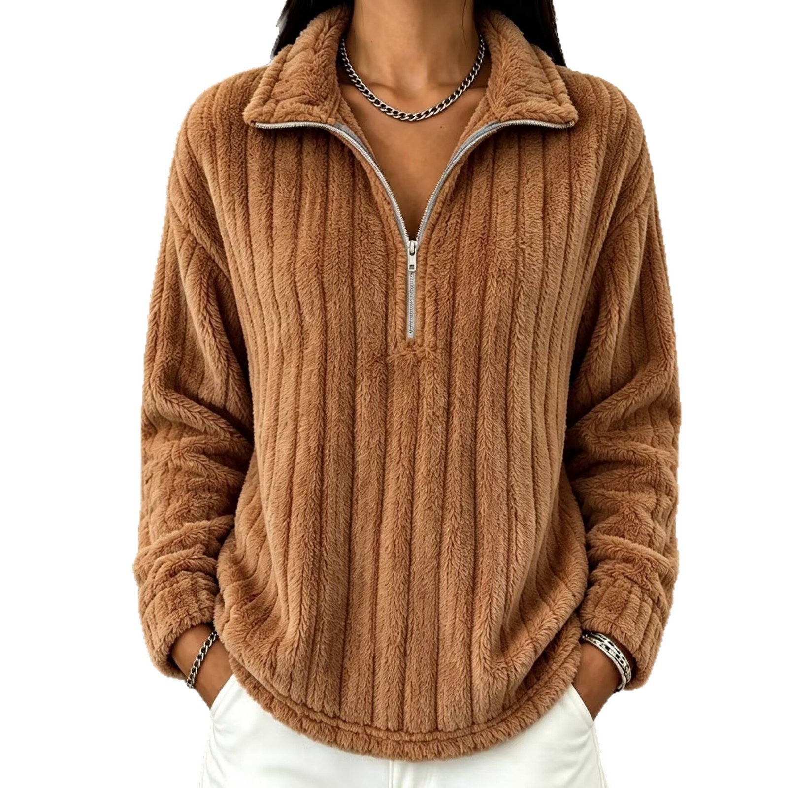 Women's Half-Zip Fleece Pullover Stand Collar Loose Fit Long Sleeve Warm Sweatshirt