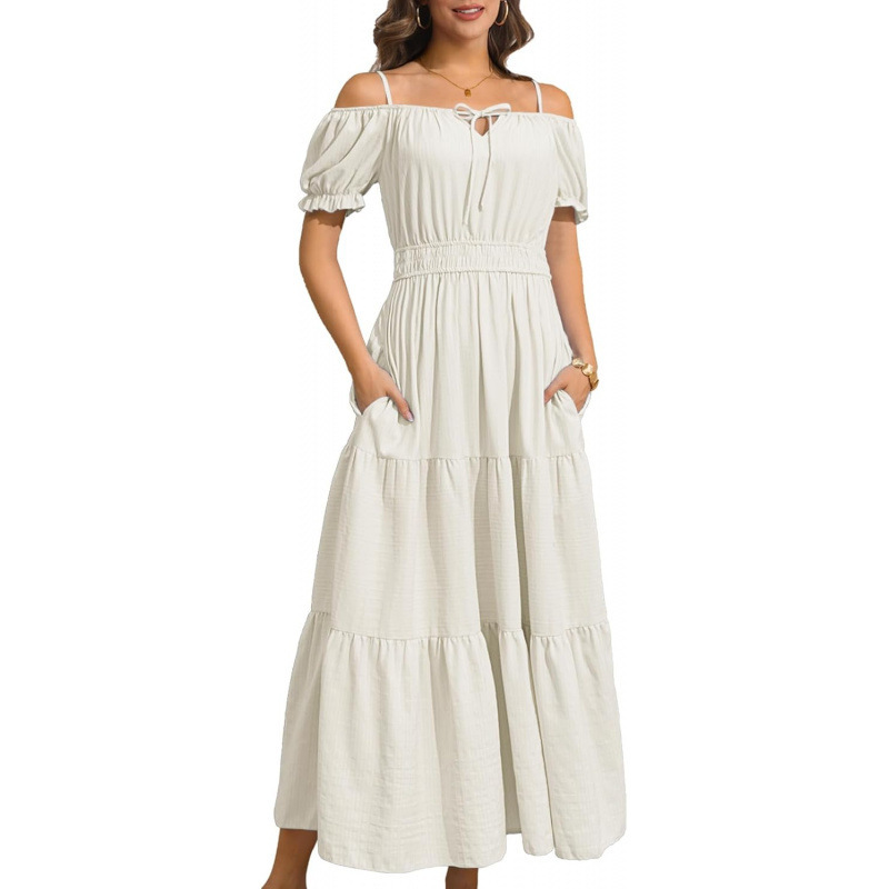 Women's Off-Shoulder Puff Sleeve Midi Dress Casual Beach A-Line