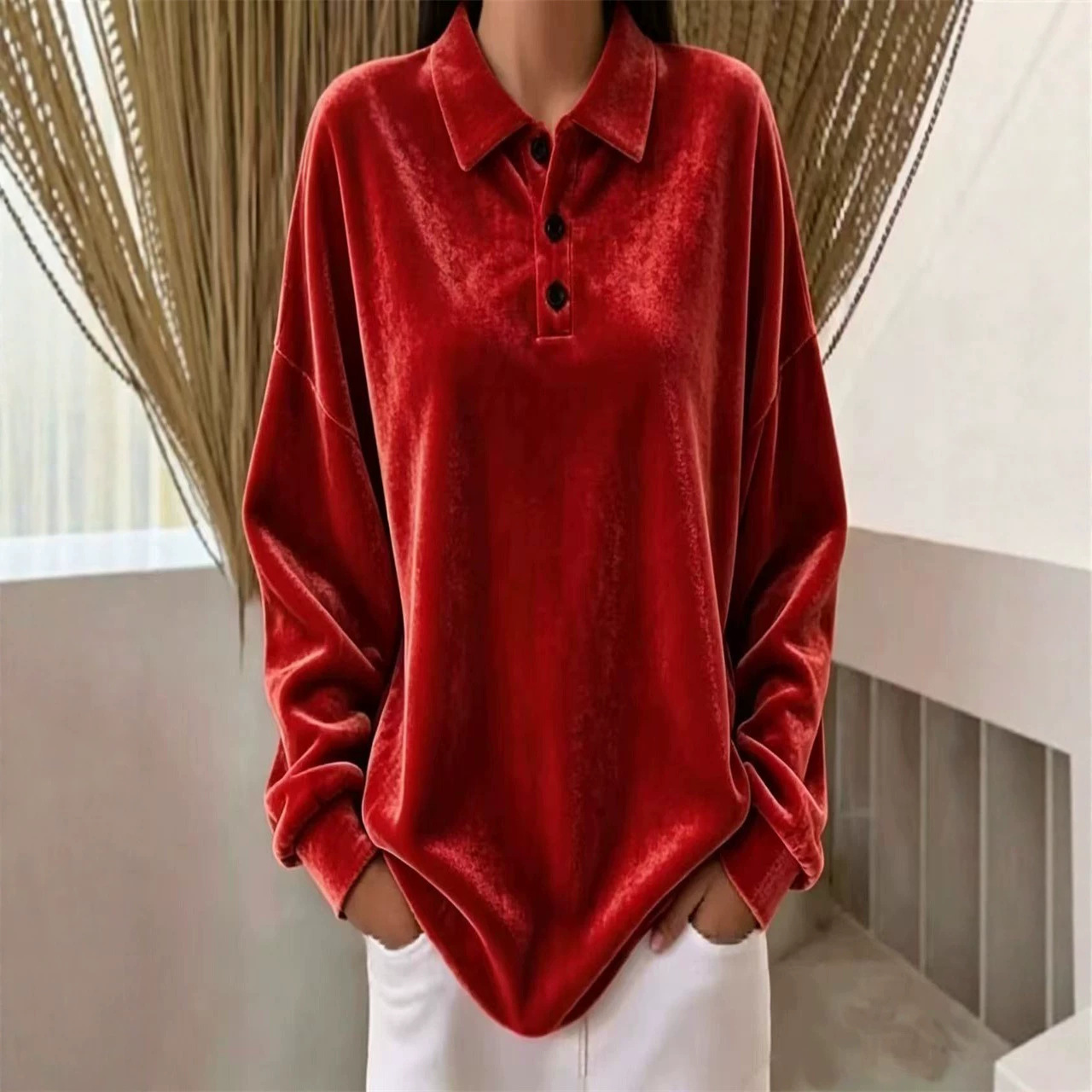 Women's Loose Velvet Button-Up Long-Sleeve Sweatshirt