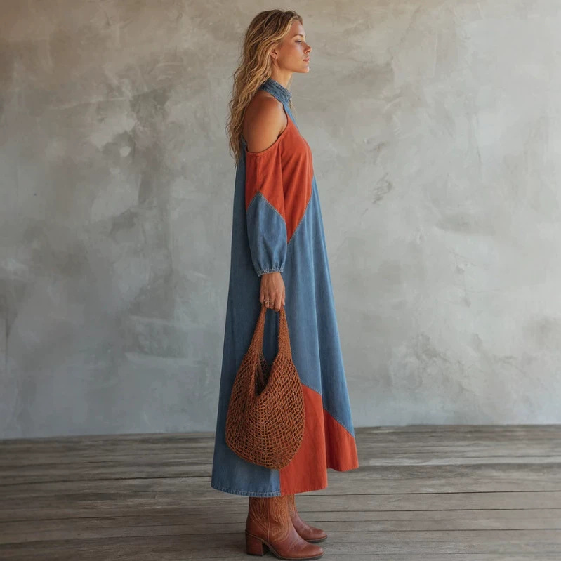 Stand Collar Zip Colorblock Asymmetric Denim Dress