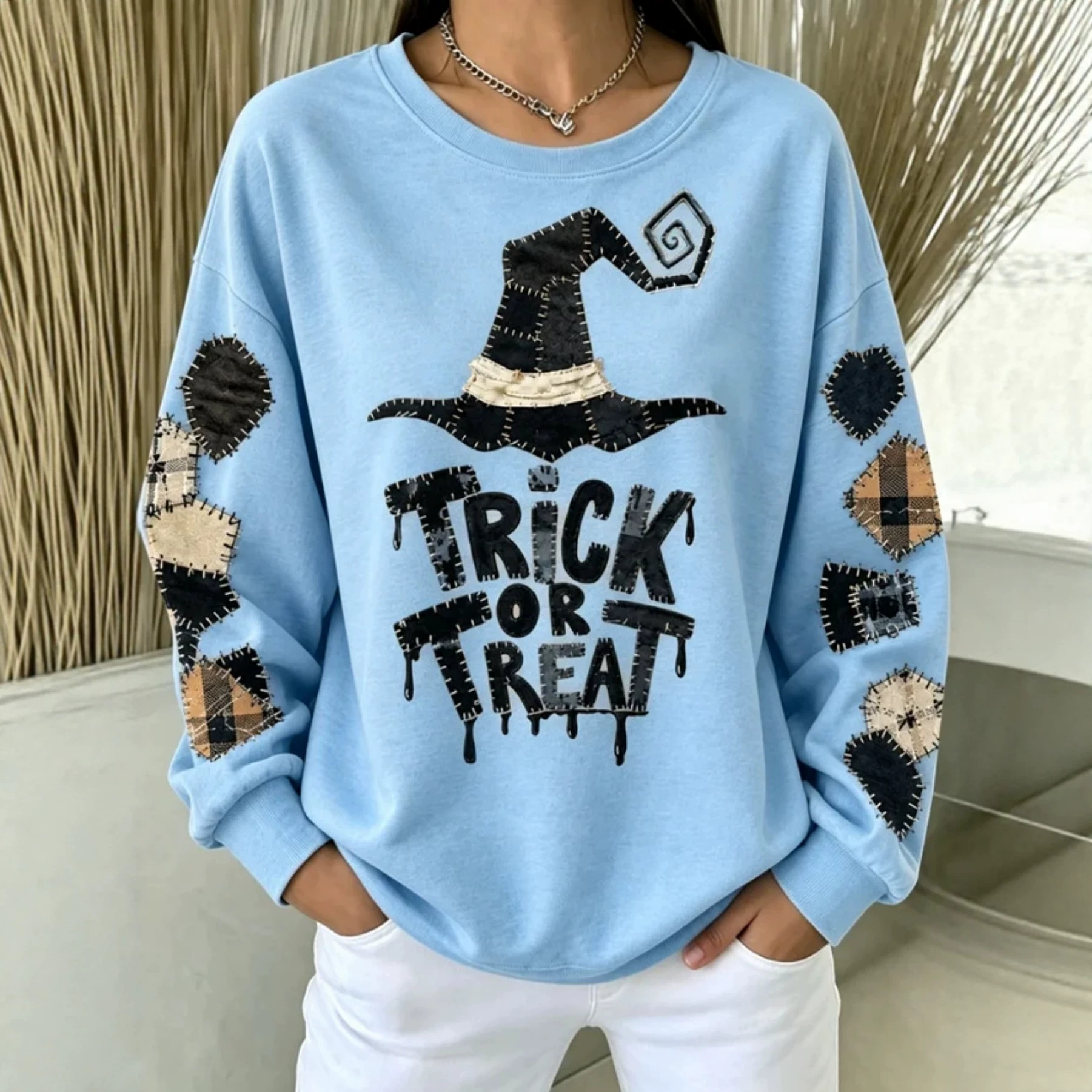 Halloween Witch Hat Letter Print Long Sleeve Pullover Sweatshirt