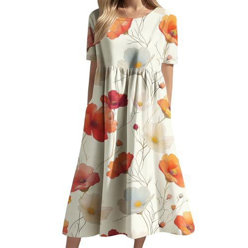 Women's Floral Print Ruched Midi Dress Short Sleeve Crew Neck