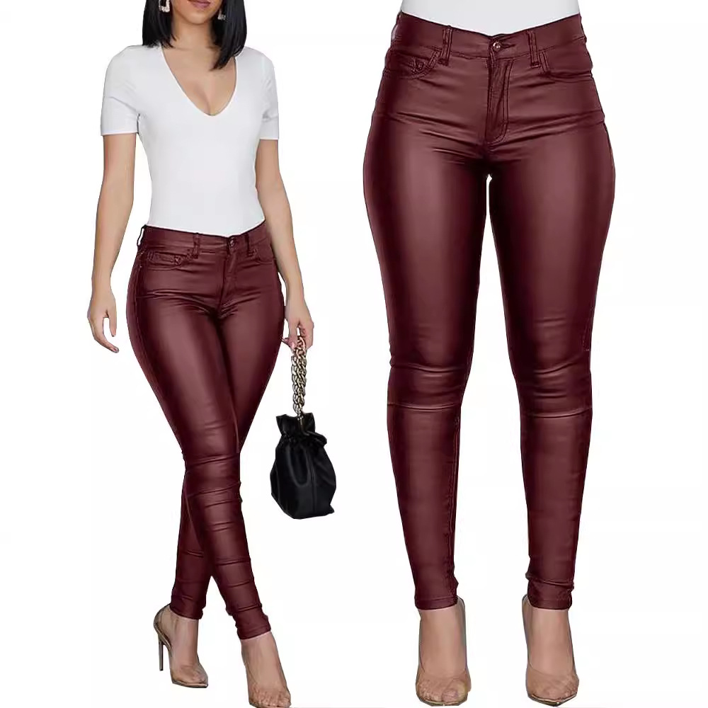 Women's Solid Color PU Leather Skinny Pants Slim Fit Mid-Rise Long Trousers