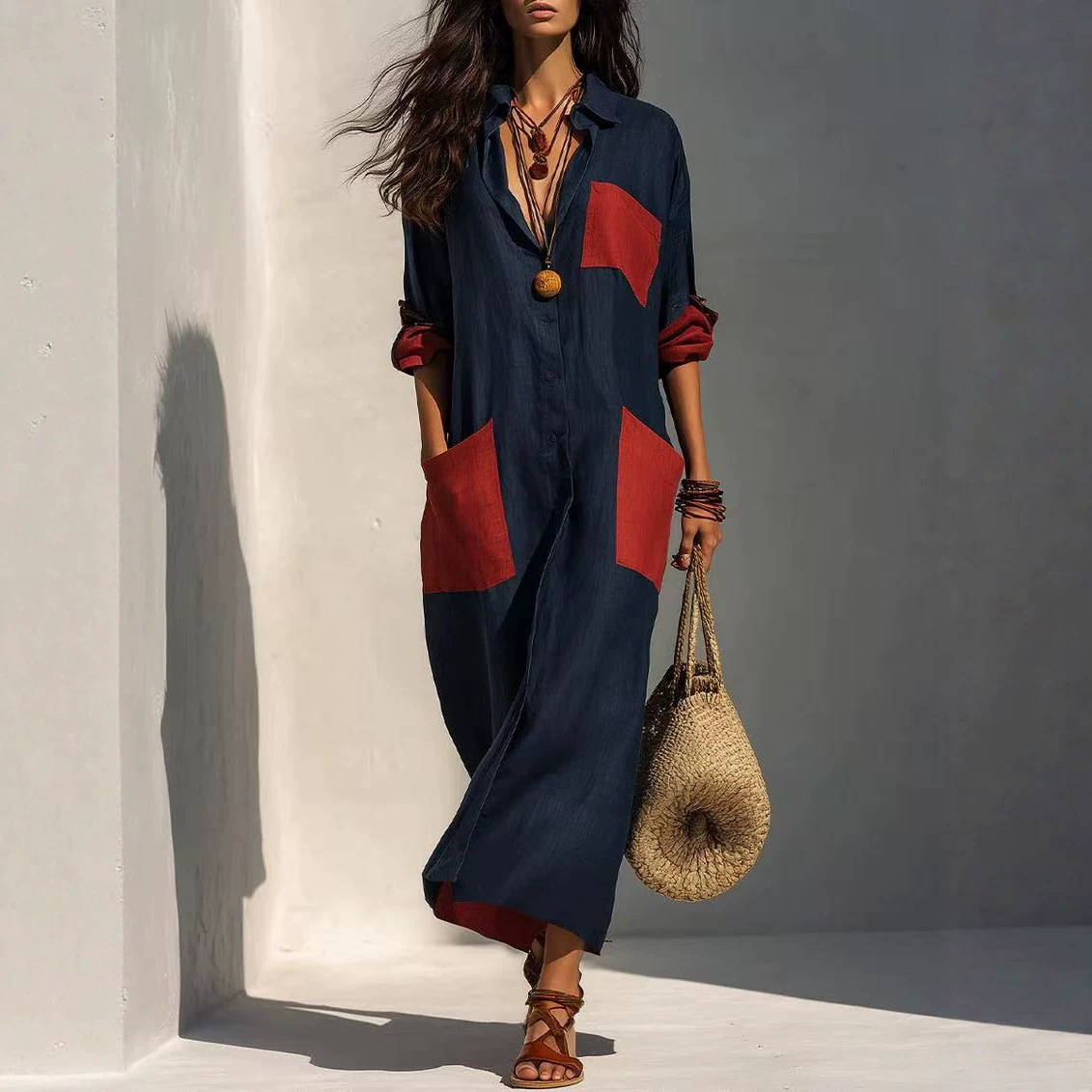 Color-Block Patch Pocket Shirt Dress Retro Loose Collared Vacation Dress