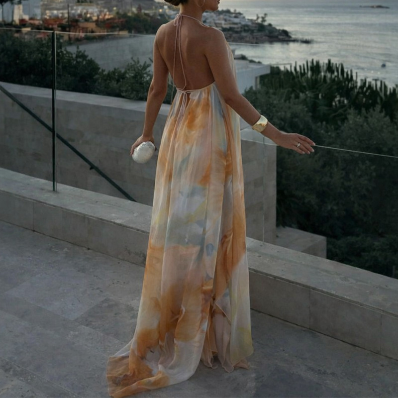Women's Floral Halter Neck Off-Shoulder Long Dress Casual Loose Fit