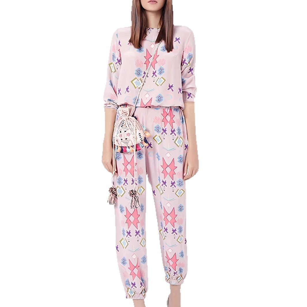 Women's Printed Long Sleeve Top and Pants Lounge Set
