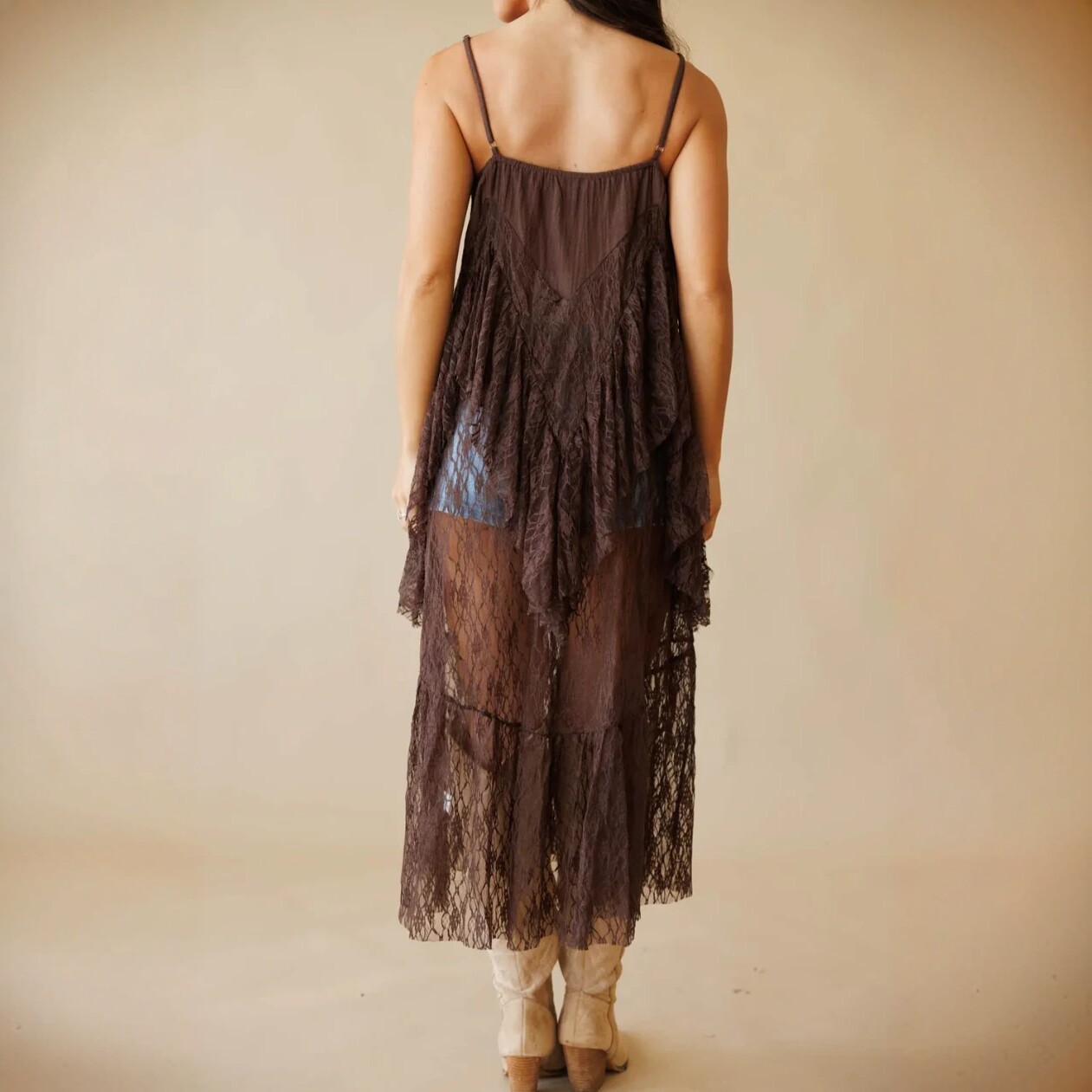 Dark Brown Lace Cami Slit Maxi Dress Layering Cover-Up