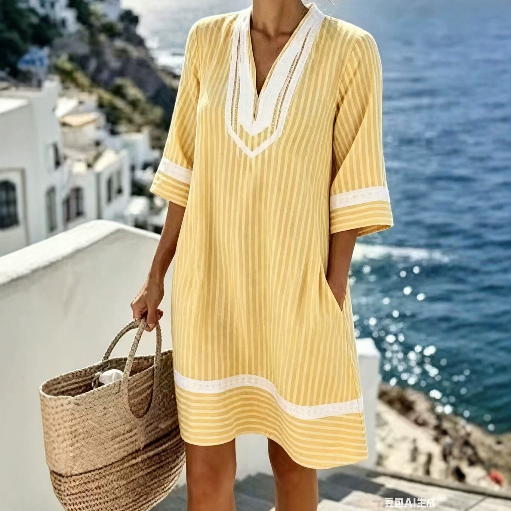 Women's Striped Tie Print A-Line Midi Dress Casual Long Sleeve