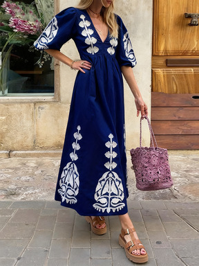 Floral Print V-Neck Puff Sleeve Open Back Loose Casual Midi Dress