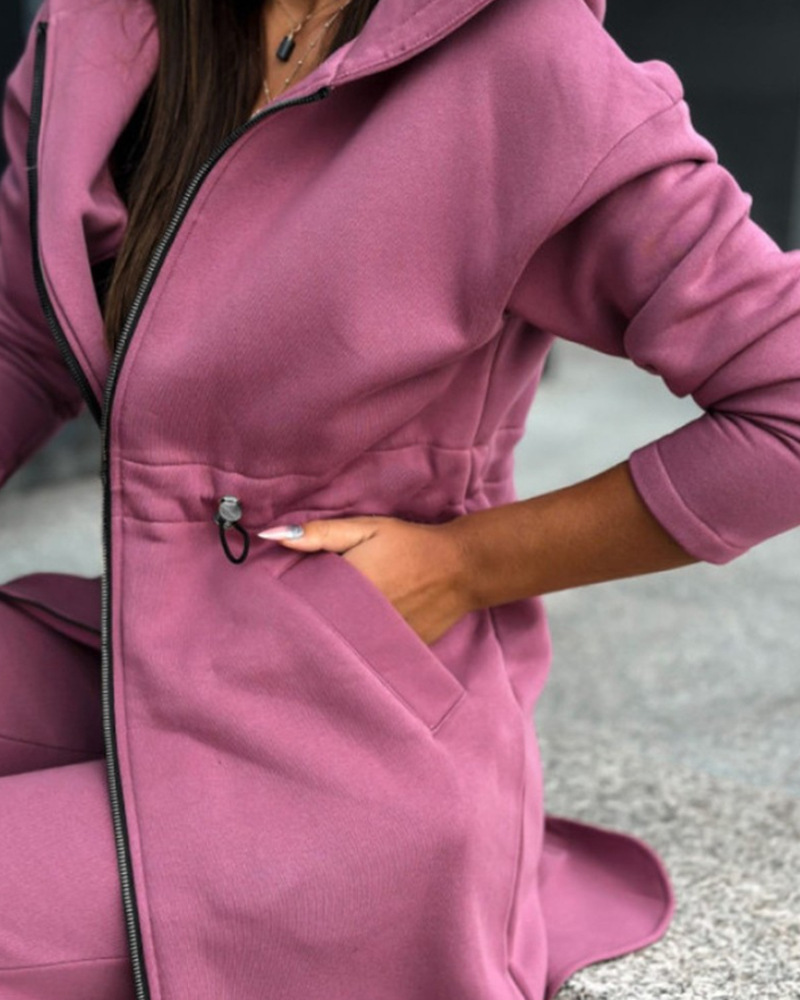 Women's Solid Color Long Sleeve Hooded Sweatshirt Set