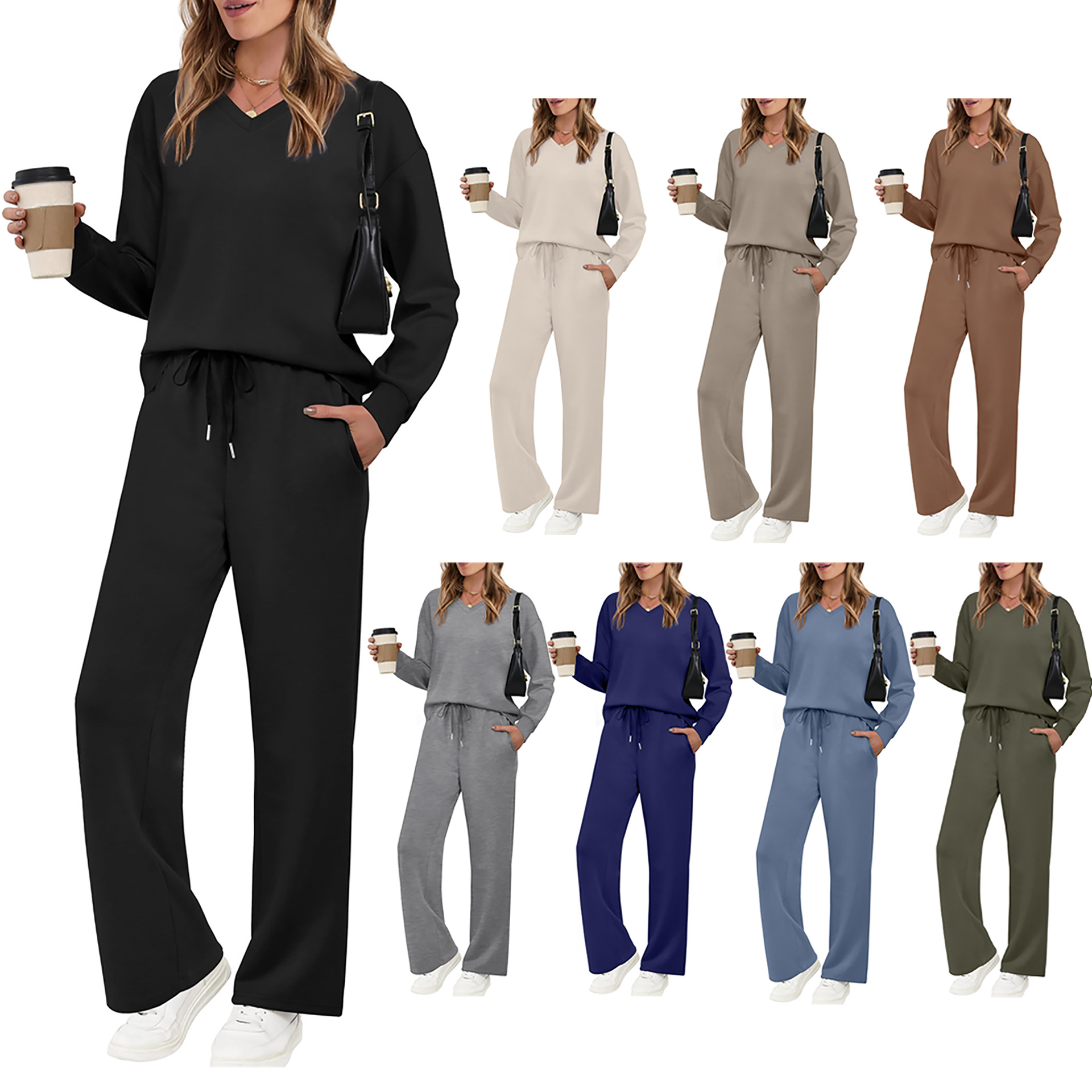 Women's Long Sleeve Drawstring Solid Color Casual Pants Set