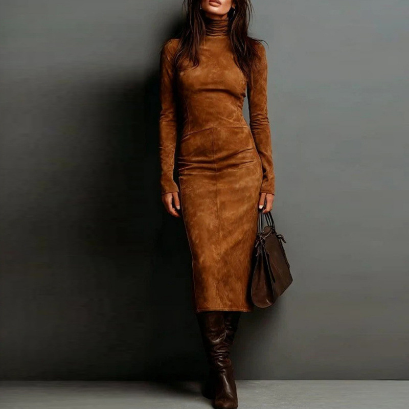 Women's Slim Fit Long Sleeve Bodycon Midi Dress Half Turtleneck