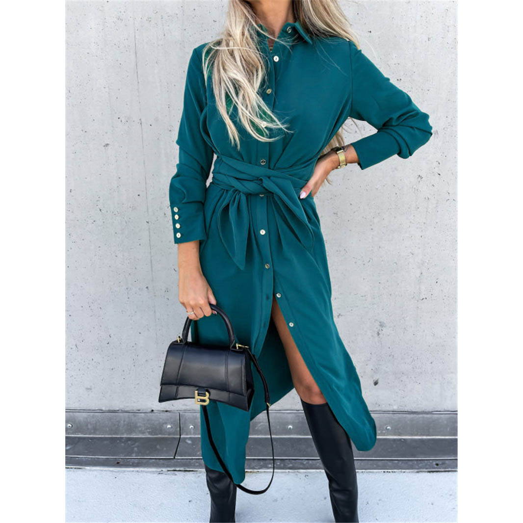 Women's Solid Color Long Sleeve Open Front Maxi Dress with Tie
