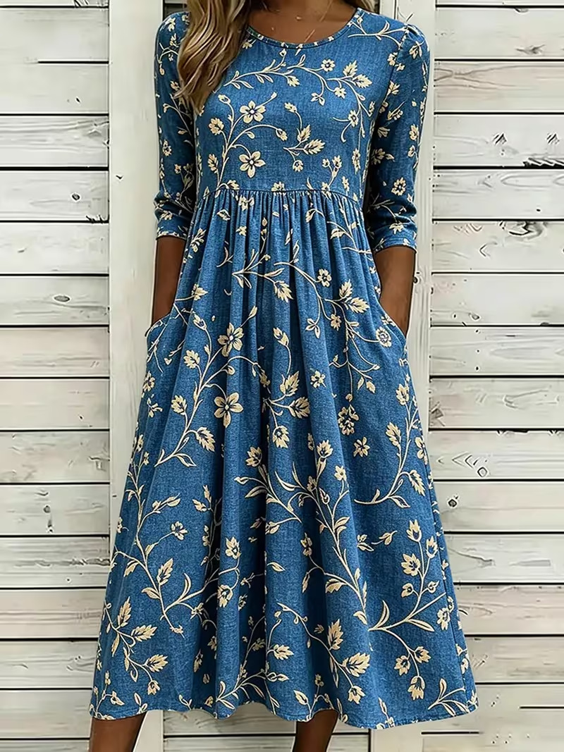 Women's Vintage Floral Print Pleated Midi Dress