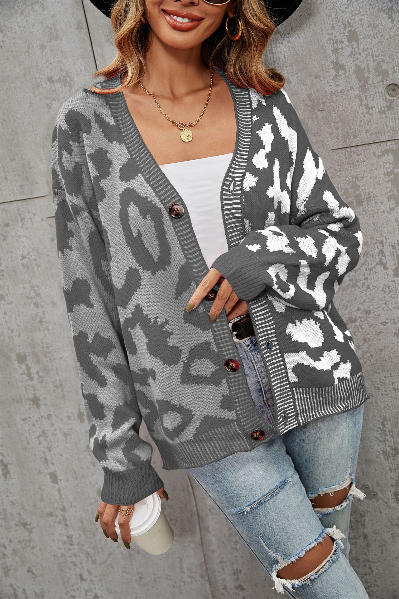 Leopard Print Patchwork Plus Size Button Cardigan Knit Sweater