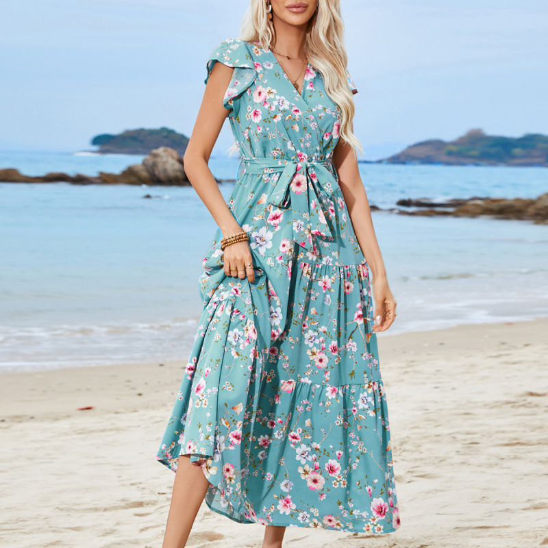 Floral Print V-Neck Tiered Midi Dress with Ruffle Sleeves