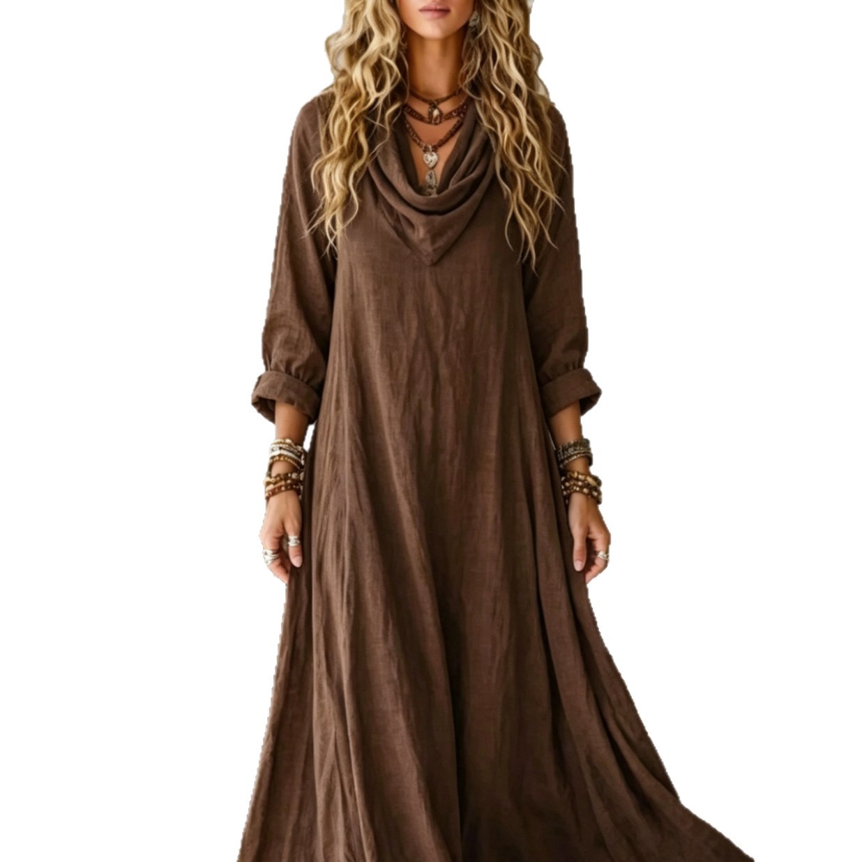 Women's Elegant Bohemian Textured Solid Color Long Sleeve Cowl Neck Wide Hem Maxi Dress