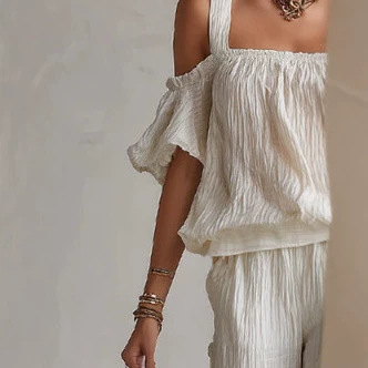 Minimalist White Tee & Wide-Leg Pants Set, Crinkled Polyester