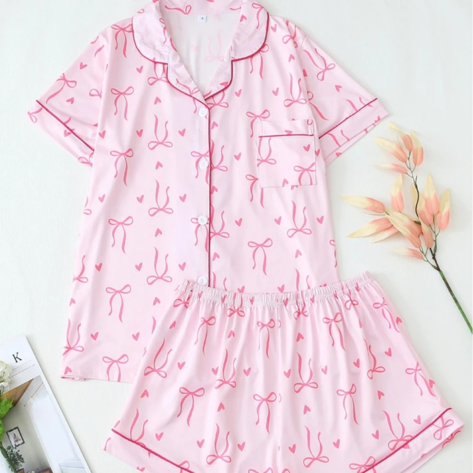 Women's Cuban Collar Bow Short Sleeve Shirt Set