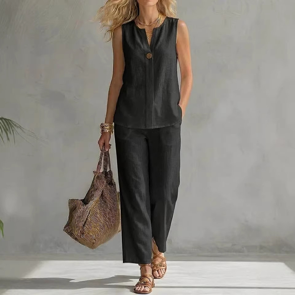 Women's Sleeveless V-Neck Top and Pants Set Casual Summer Outfit