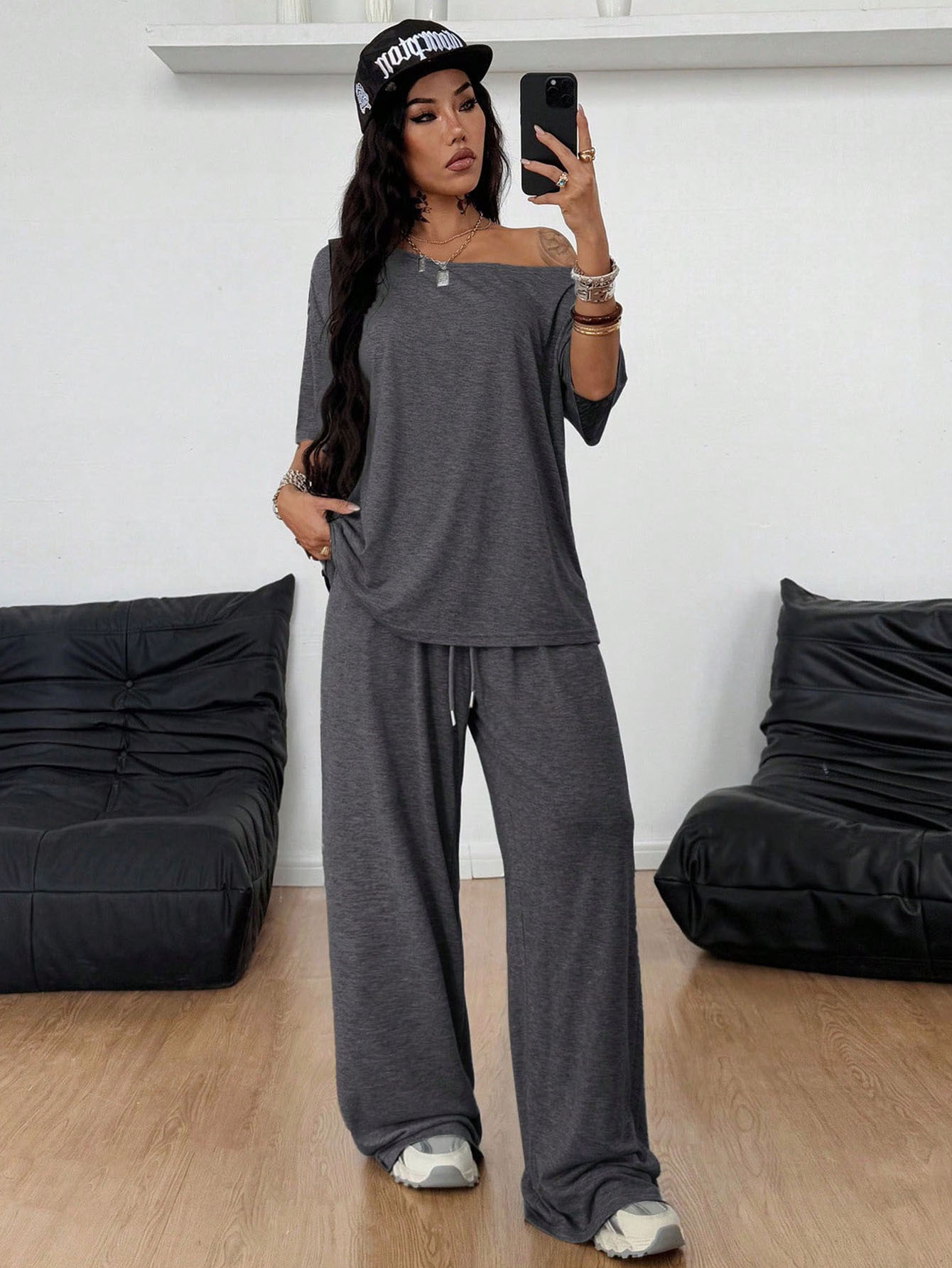 Women's High-Waist Wide-Leg Sweatpants Set Solid Color