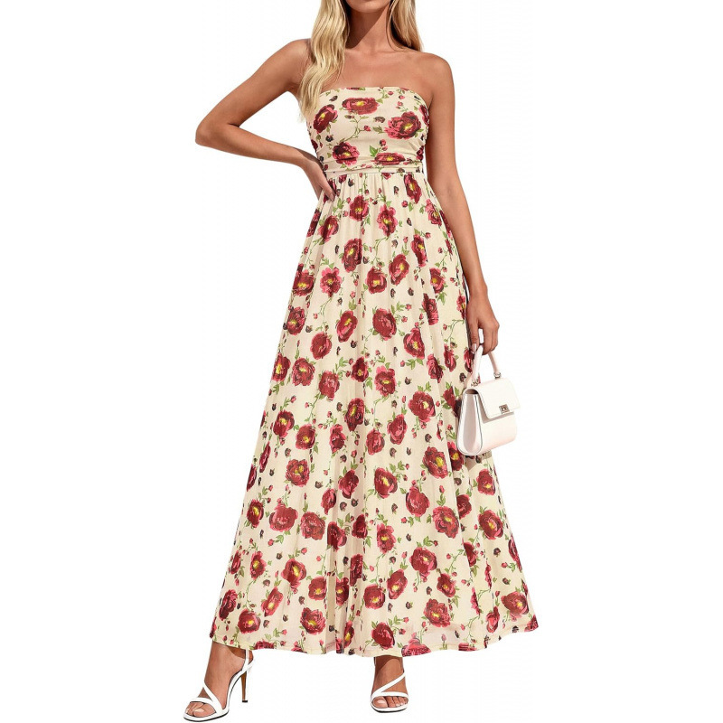 Boho Floral Strapless A-Line Maxi Dress