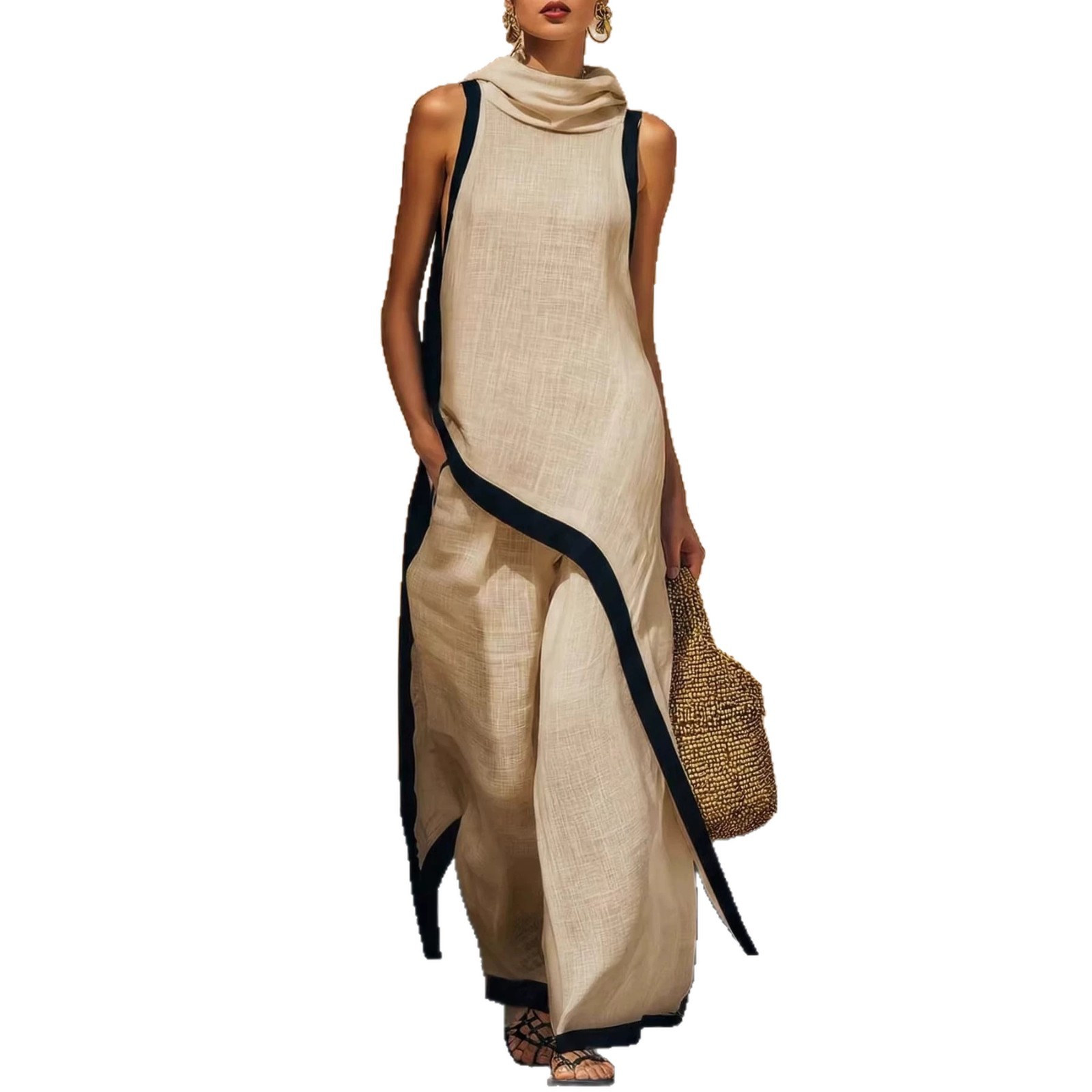Women's Sleeveless Top and Wide-Leg Pants Two-Piece Set with Asymmetrical Details