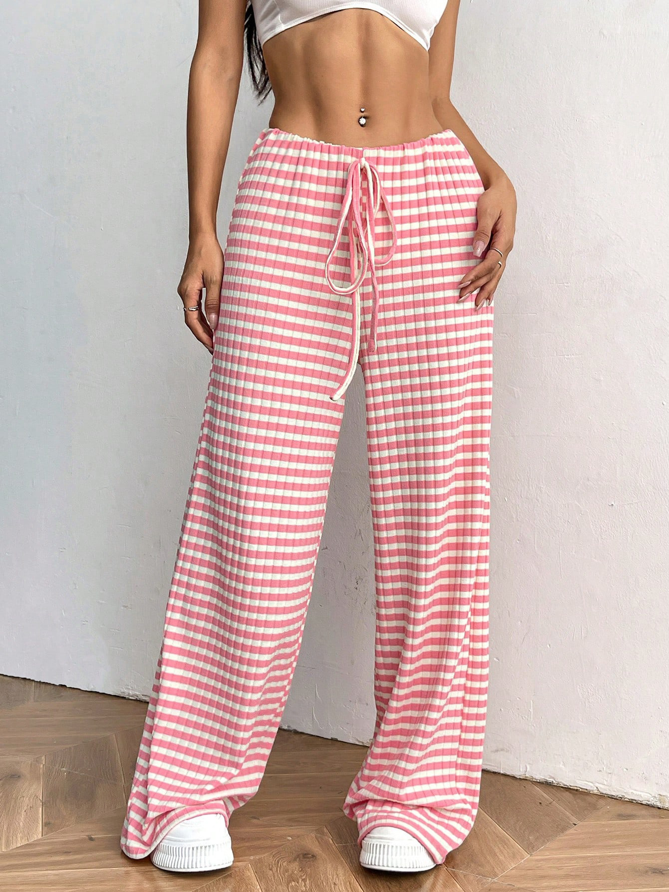 Women's Striped & Solid Cotton Straight-Leg Pants with Elastic Drawstring Waist