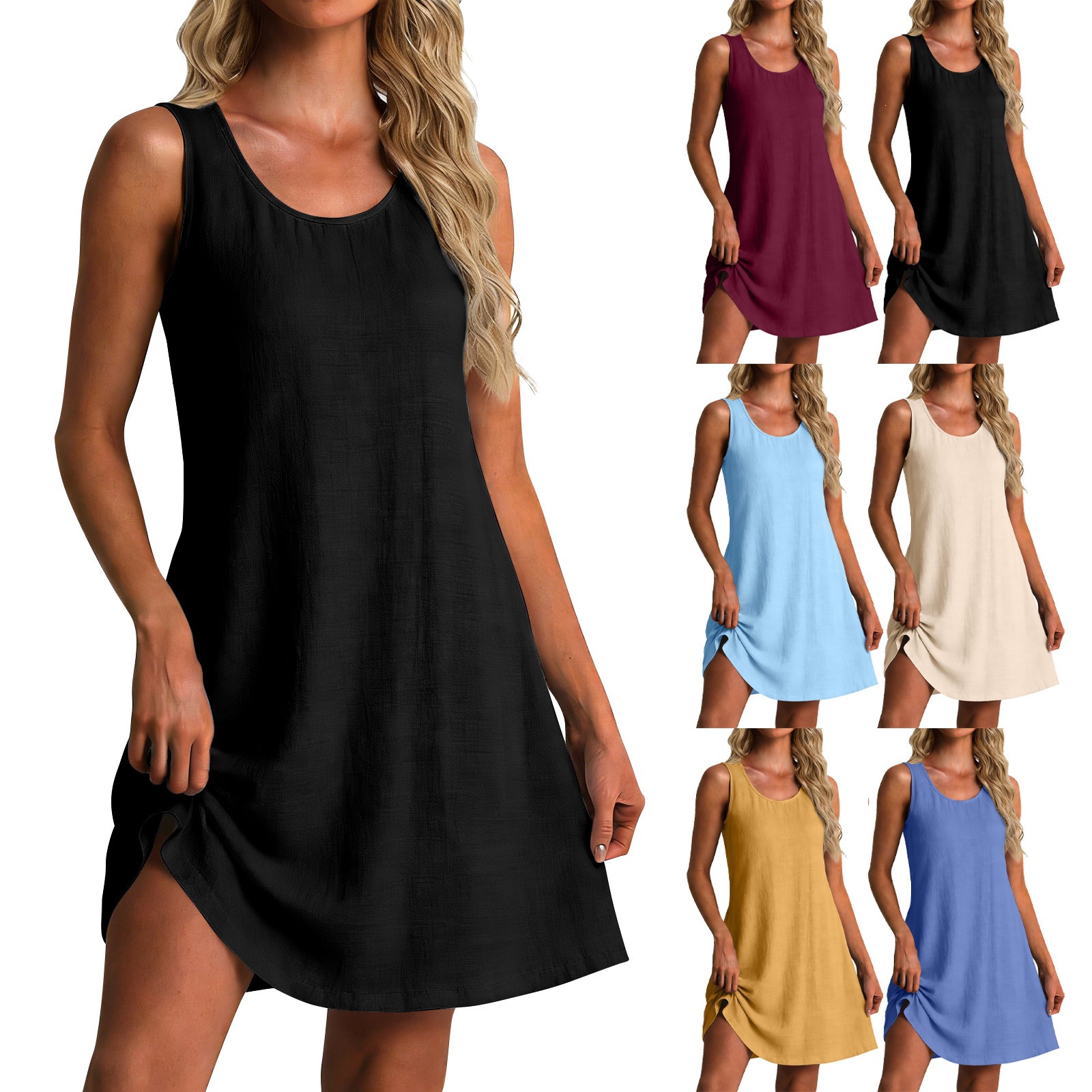 Women's Summer Loose V-Neck Sleeveless Cotton-Linen Dress