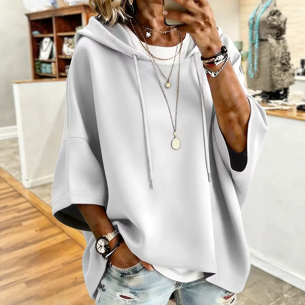 Women's Solid Print Oversized Hoodie with Large Neckline