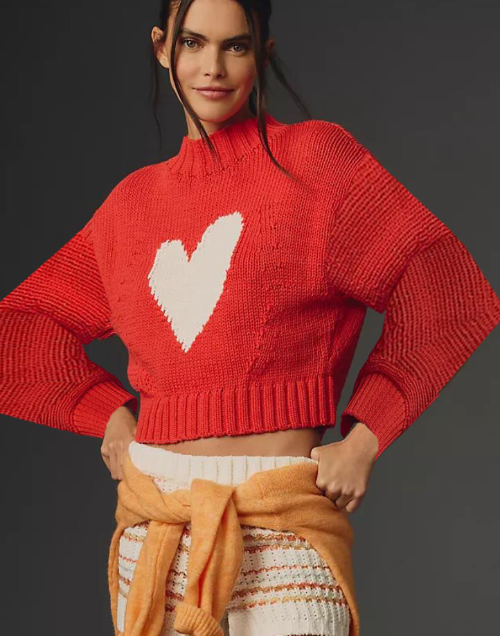 Heart Embroidered Crewneck Pullover Sweater Short Length Long Sleeve Women's Top