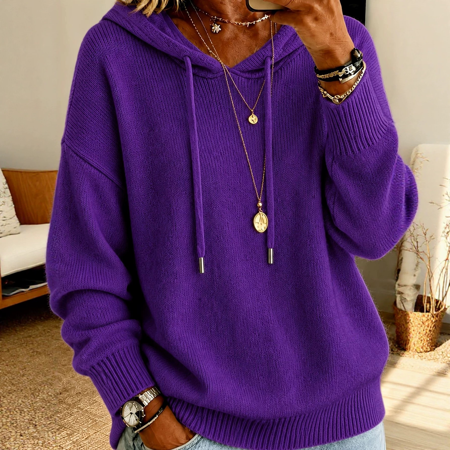 Women's Hooded Pullover Knit Sweater with Drawstring