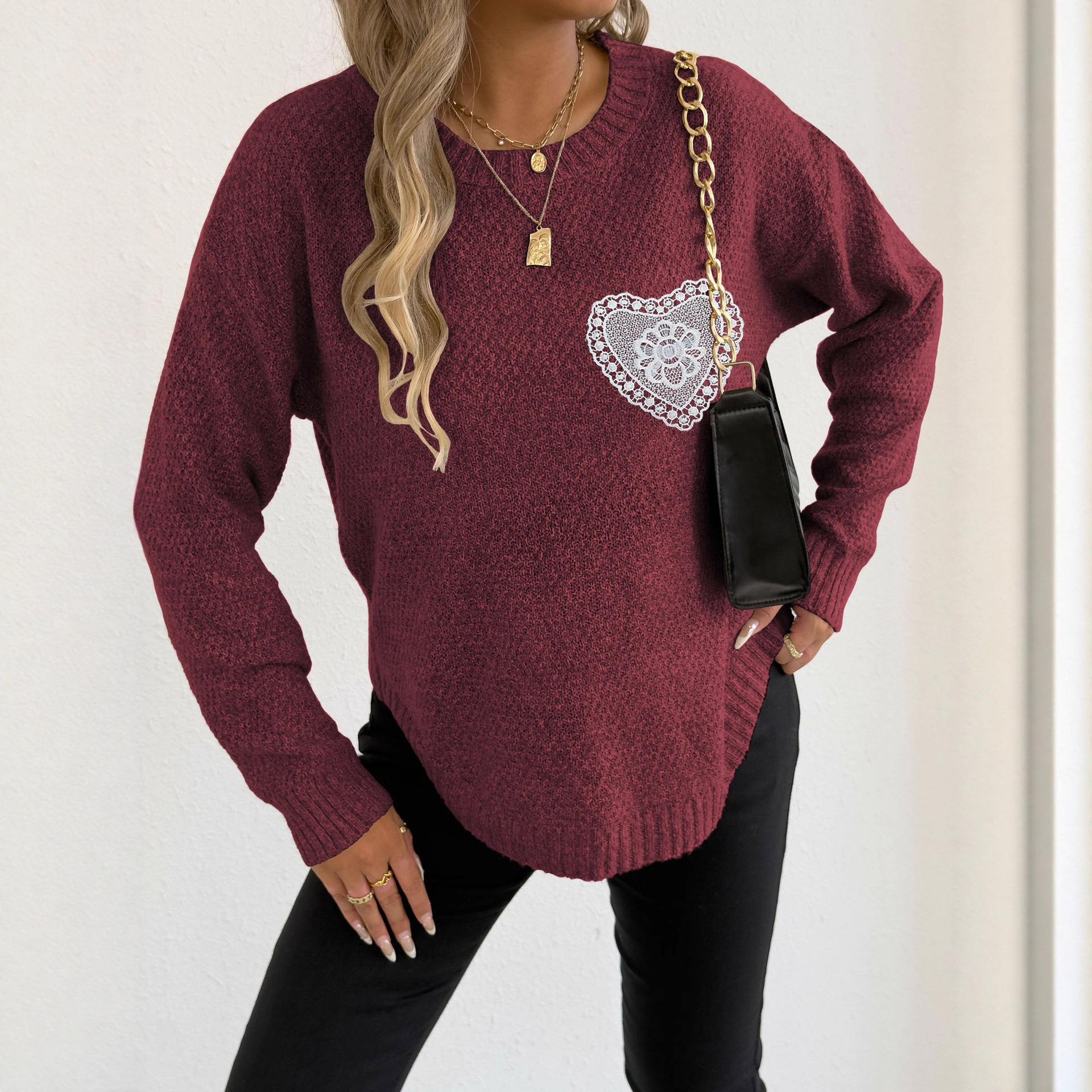 Women's Hollow Lace Pocket Faux Fur Knit Pullover Sweater Crew Neck