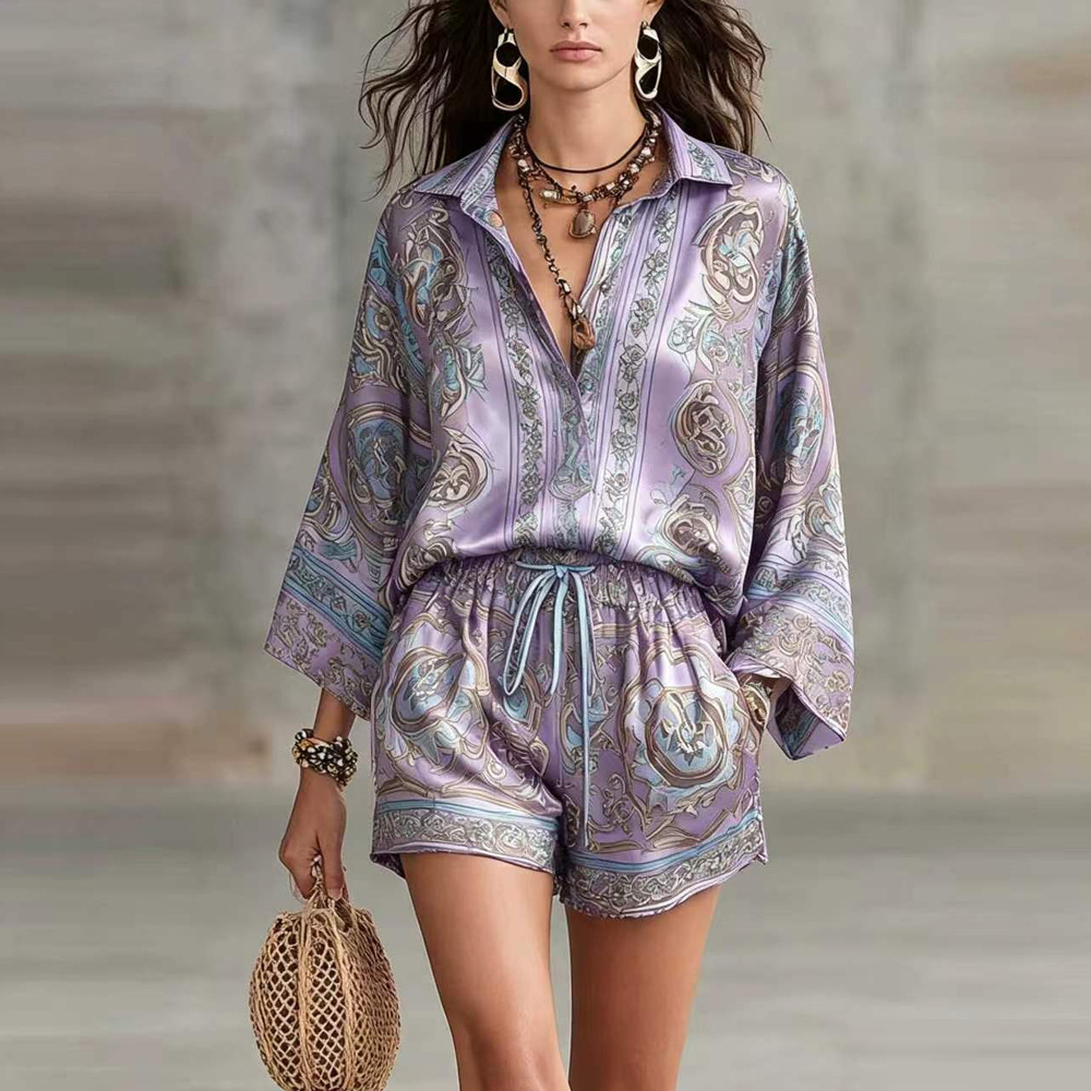 Women's Printed Long Sleeve Shorts Two-Piece Set Casual Polo Shirt Outfit