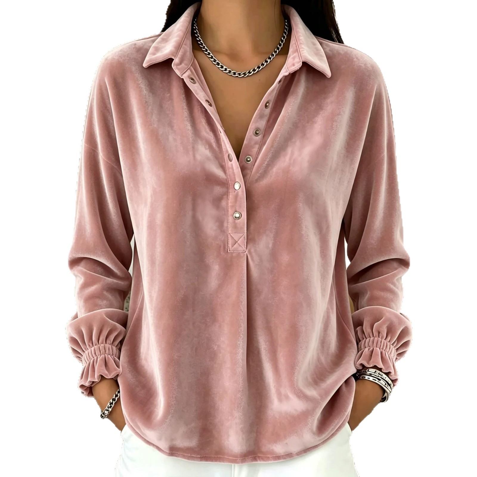 Velvet Button-Front Polo Sweatshirt Long-Sleeve Loose Fit Top