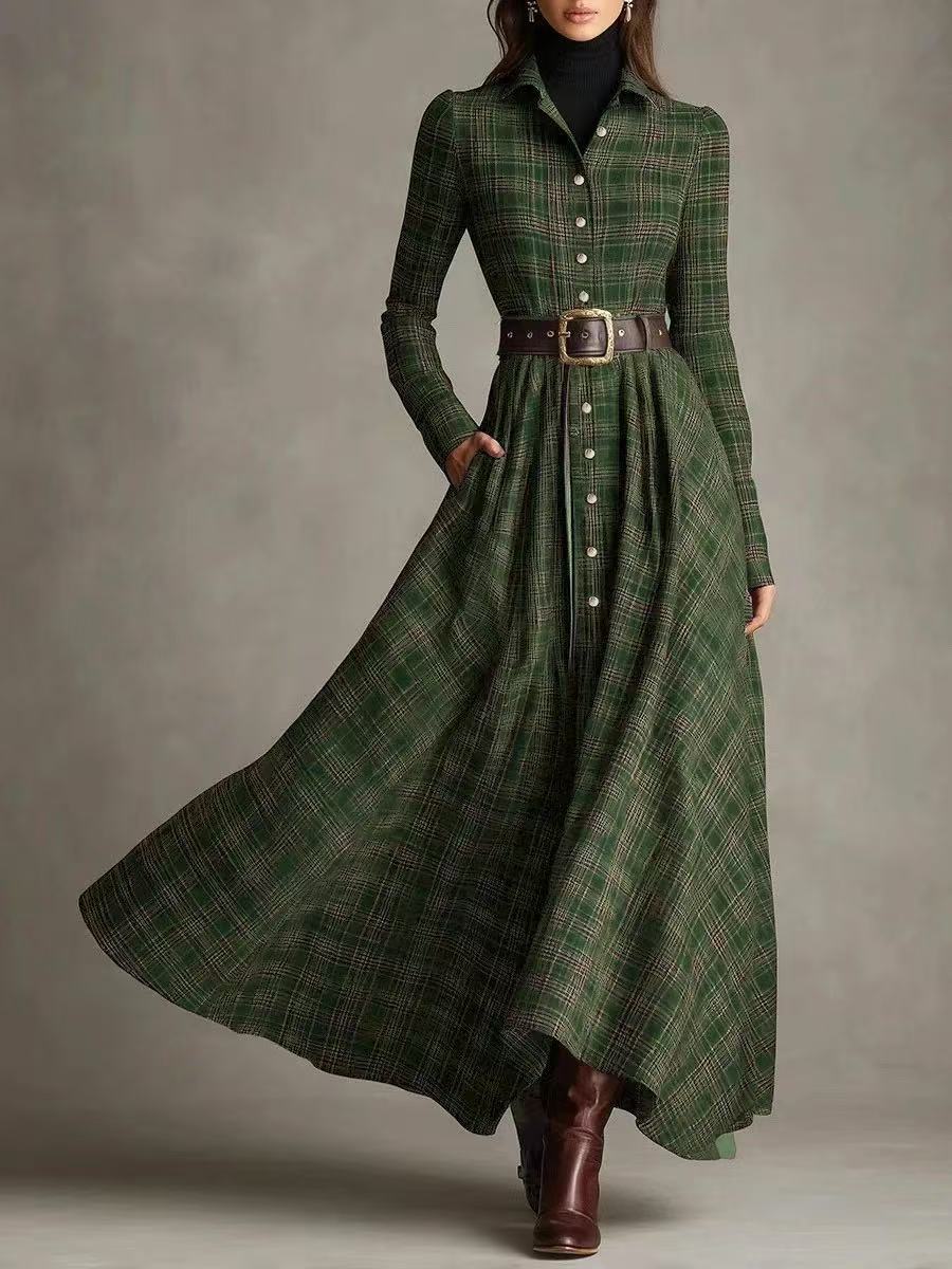 Plaid Collared Button-Front Shirt Dress with Pockets and Elastic Waist