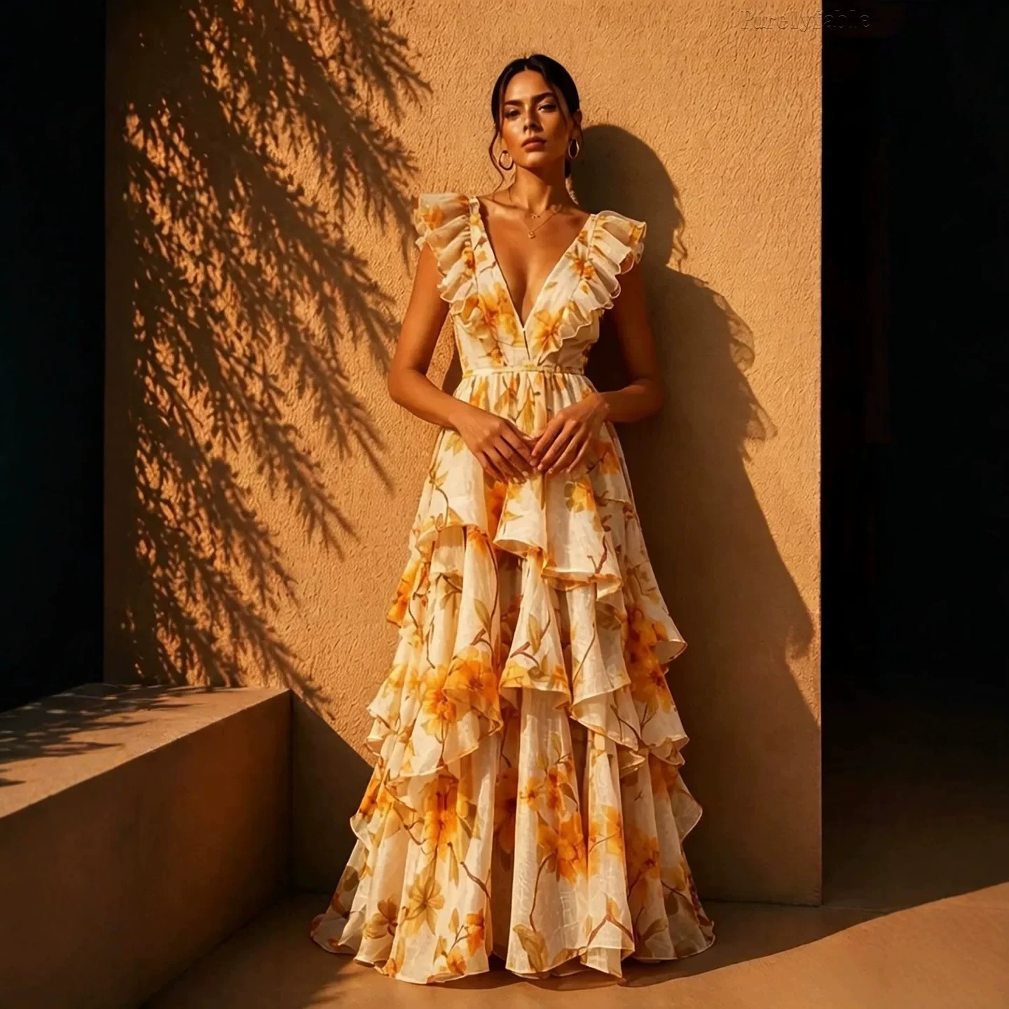 Yellow Floral Sleeveless Deep V Ruffle Tiered Maxi Dress
