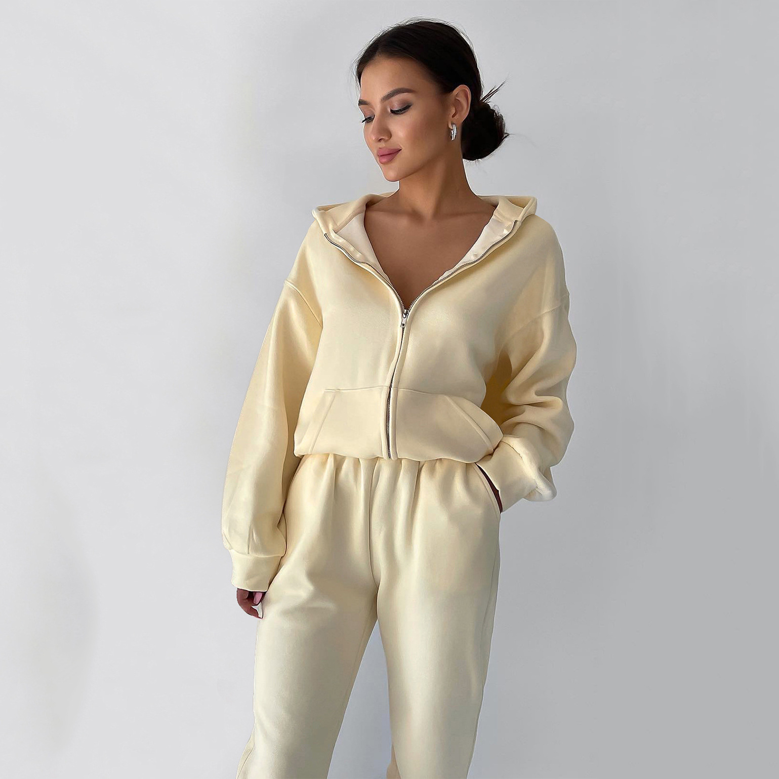 Women's Hooded Zip-Up Sweatsuit 2-Piece Set