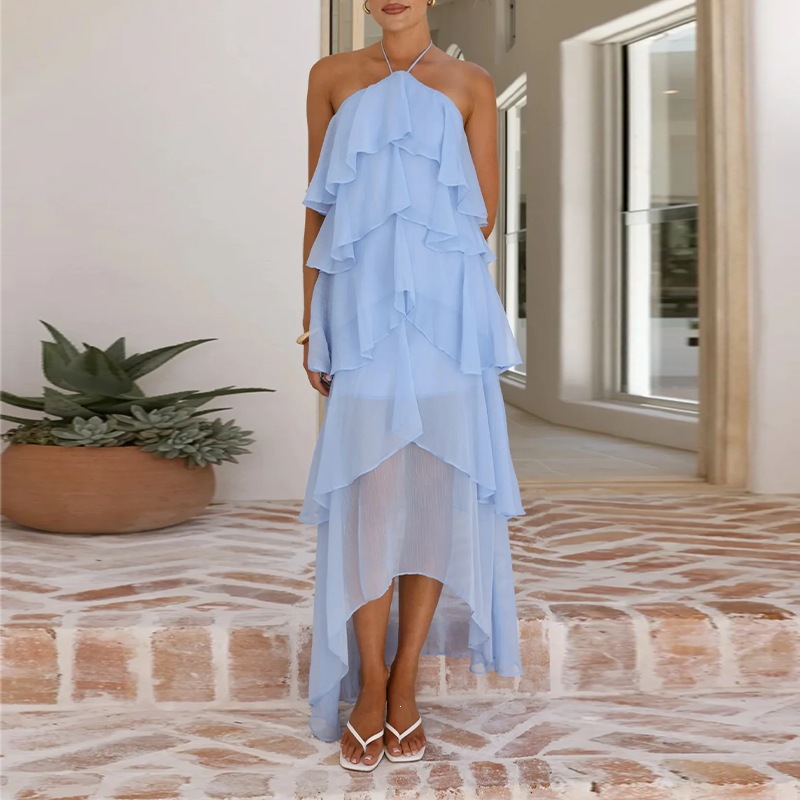 Elegant Ruffled Halter Neck Tiered Dress