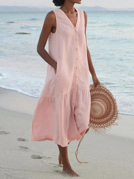 Solid Cotton V-Neck Sleeveless Maxi Dress with Loose Waist