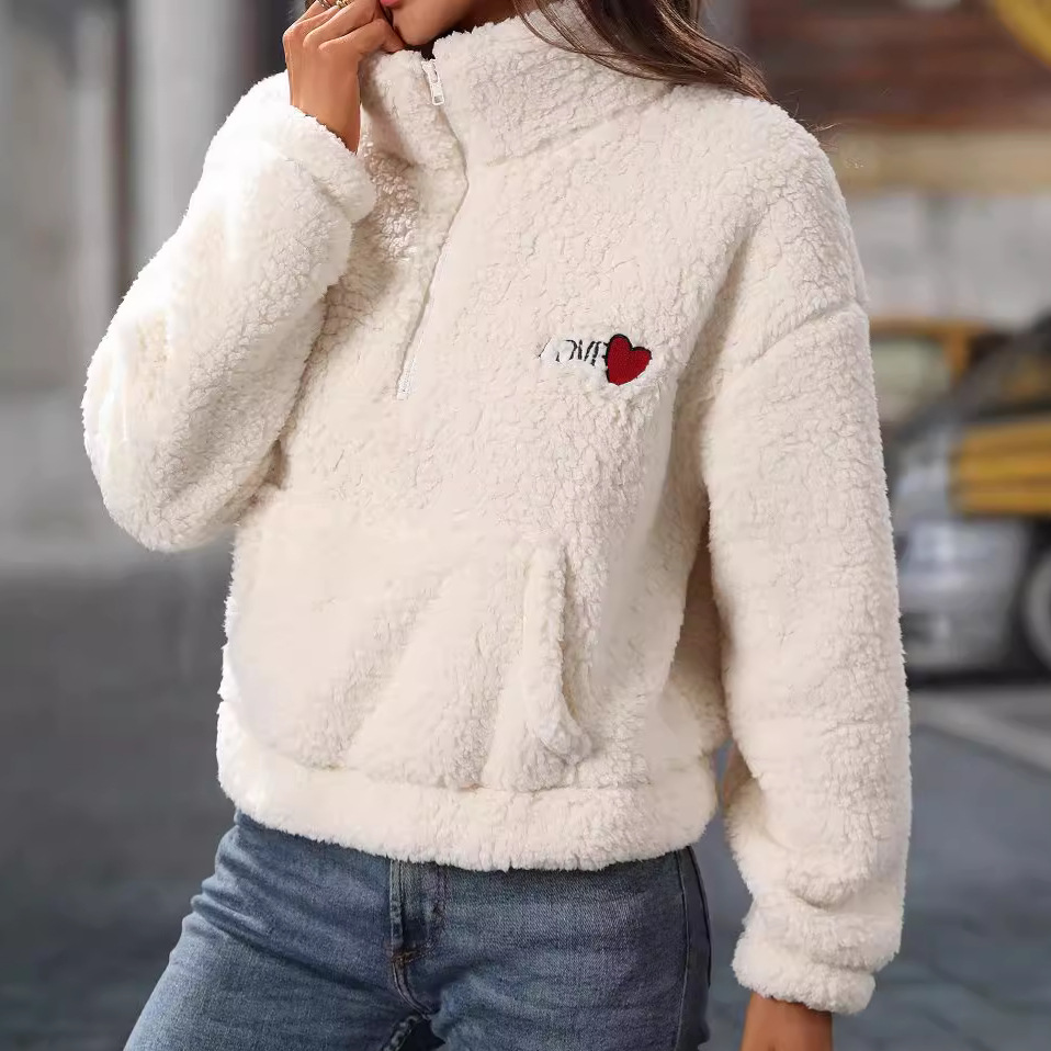 Faux Fur Half-Zip Stand Collar Pullover Hoodie